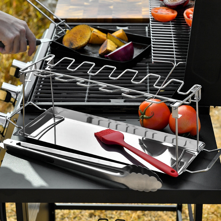 Color boxed portable stainless steel folding chicken leg rack household oven barbecue plate barbecue grill BBQ barbecue tool